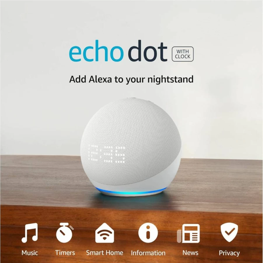 Amazon Echo Dot 5th Generation Smart Speaker with Alexa, LED Display Clock, Weather & Timer - Compact Design, Glacier White